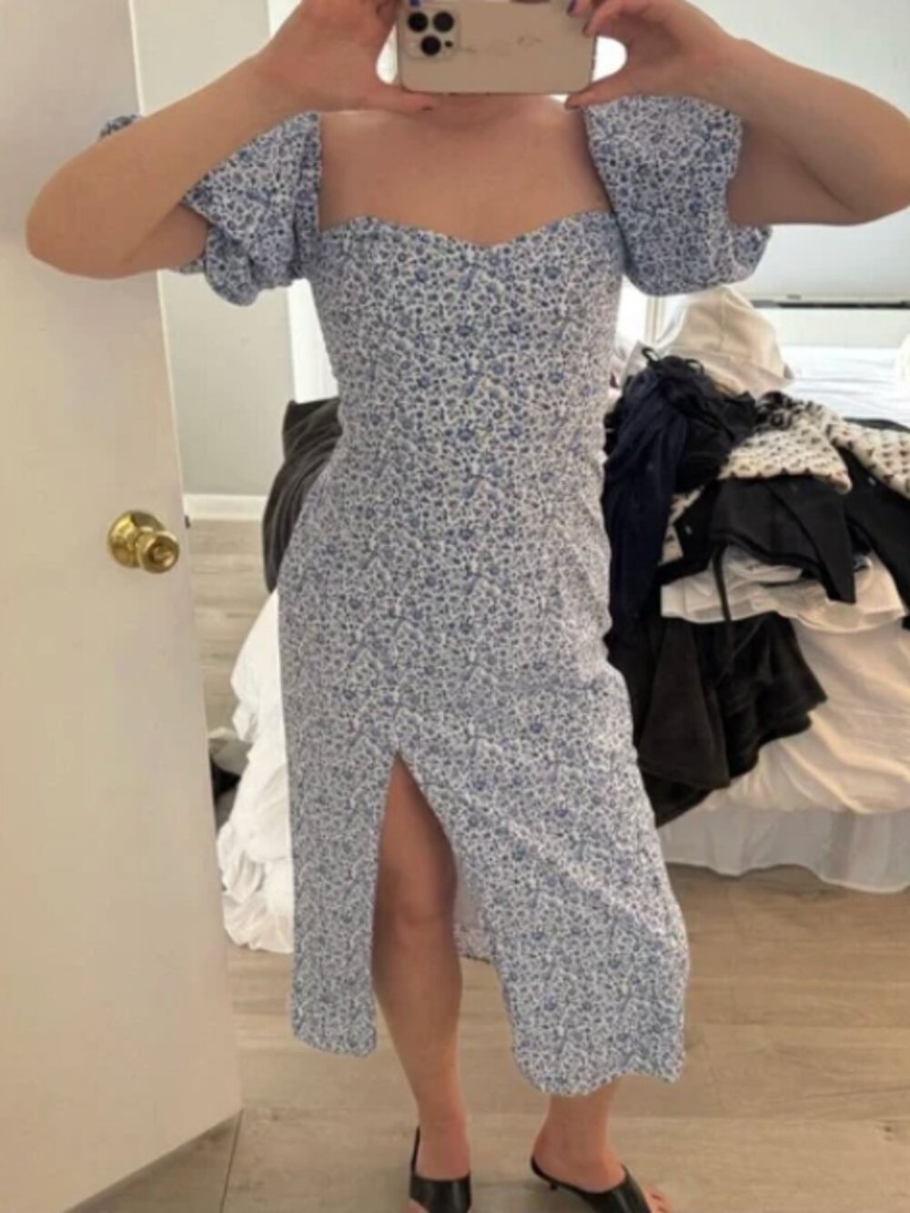 H&M Blue Floral Puff Sleeve Strappy Back Midi Dress